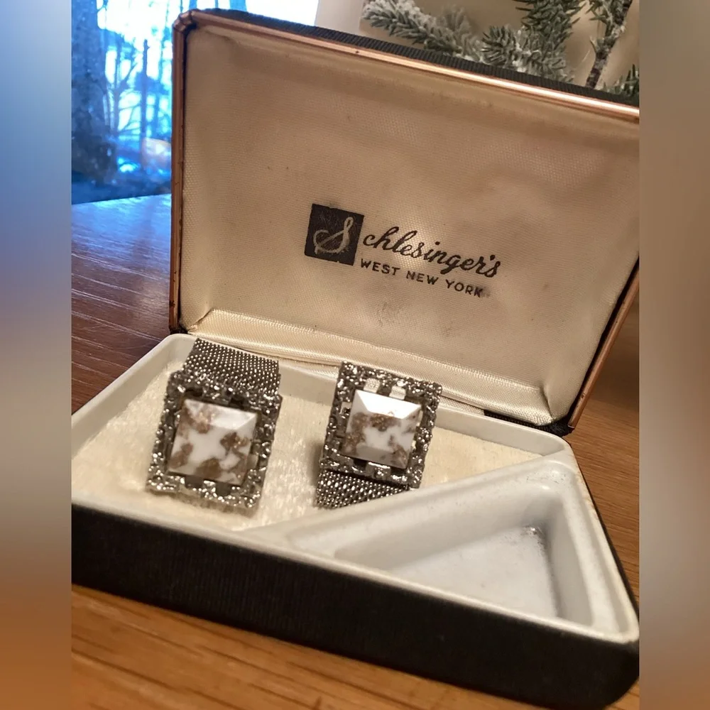 VTG men’s square mesh, Marble Center Stone Cuff Links unique